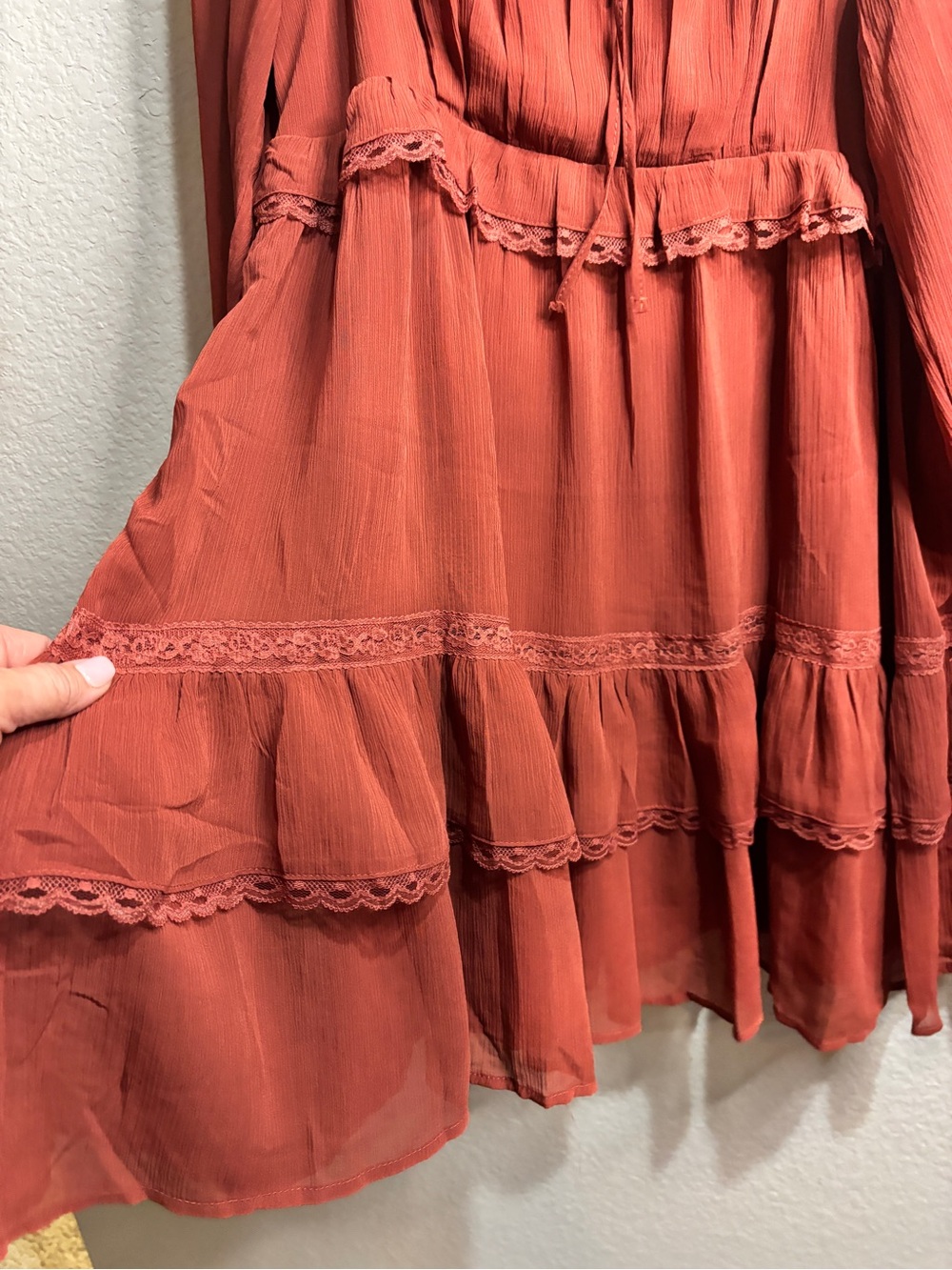Off-Shoulder Ruffled Mini Dress in Rust - Picture 4 of 7